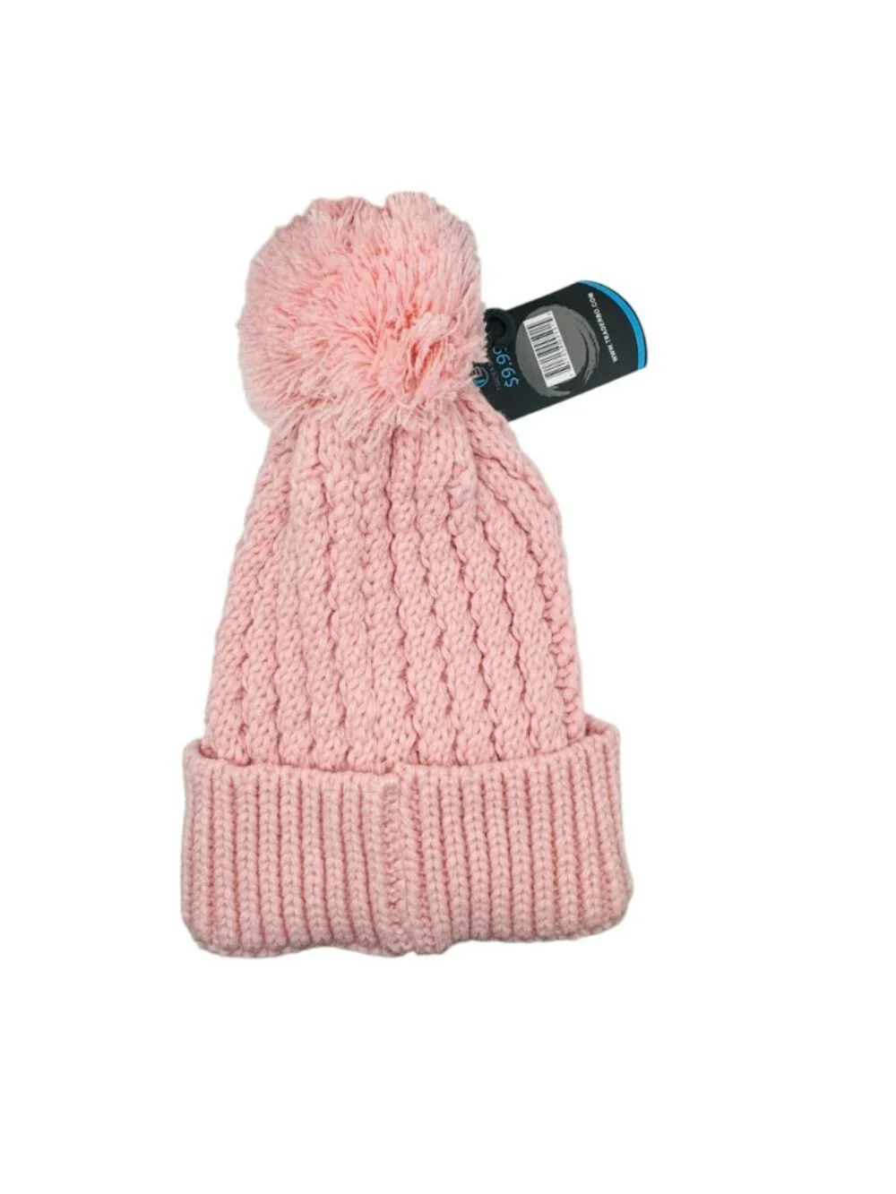 Pink Knit Pom Beanie Hat With Folded Cuff - 100% Acrylic - Made In China